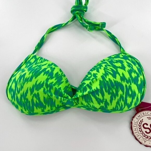 SO Bikini Swimsuit Halter Top Junior Sz XS Neon Animal Print Green Ruched Center - Picture 11 of 13